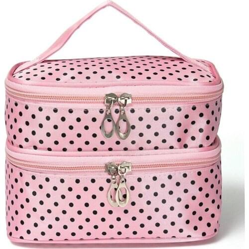 Womens Fashion Dot Pattern Double Layer Makeup Bag(Pink)