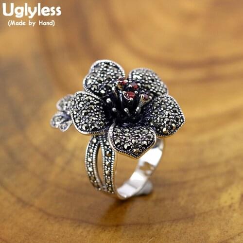 Uglyless Vintage Thai Silver Double Flowers Rings for Women Big Size Floral Open Rings Solid 925 Silver Garnet Fine Jewelry R980