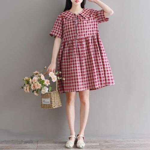 2018 new design korean style sweet dress short sleeve red plaid dress for women casual