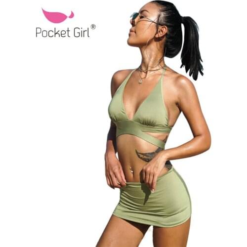 Pocket Girl 2019 High Waist Bikini Women Skirt Swimsuit Push Up Bather Suit Cross Swimming Suit Solid Biquini Sexy 3 PCS Trikini