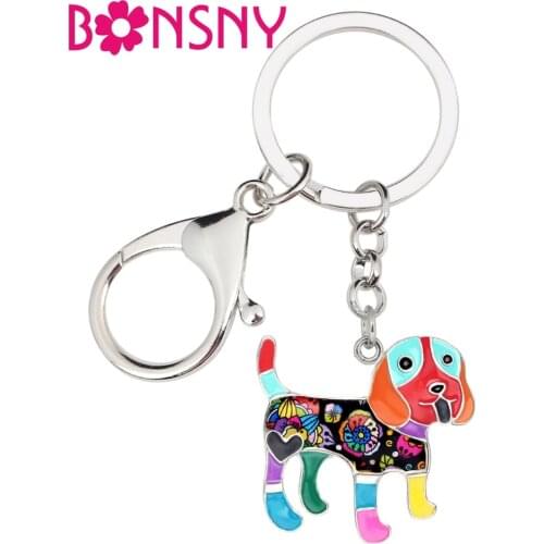 Bonsny Enamel Alloy Happy Beagle Dog Key Chain Keychains Keyring Novelty Animal Jewelry For Women Girl Bag Car Pendant Charm Hot
