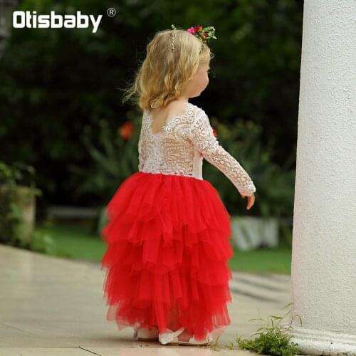Boutique Lace Flower Dress for Girls Children Long Sleeve Floral Tiered Tutu Dress Princess Toddler Girls Backless Evening Dress