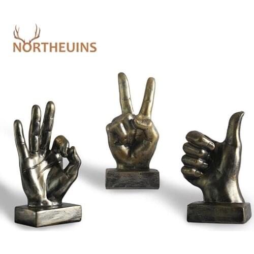 NORTHEUINS 15cm Resin Gesture Finger Model Figurines Creative American Retro Sculpture For Interior Home Desk Living Room Decor
