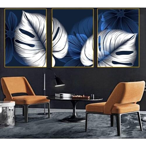 Blue and White Plant Leaf Canvas Painting Poster Print Wall Art Pictures Modern Nordic Living Room Bedroom Home Decoration