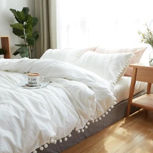 100% Cotton Bedding Set Home Textile Soft Bed Linings King Queen Twin Size Simple White Ball Duvet Cover Flat Sheet Pillowcases