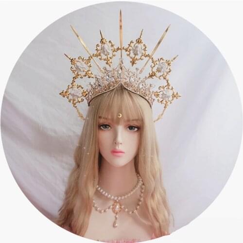 Lolita Vintage KC Cosplay Headband Angel Golden Halo Goddess Headpiece Virgin Mary Bride Crown Bead Chain Baroque Tiara Headwear