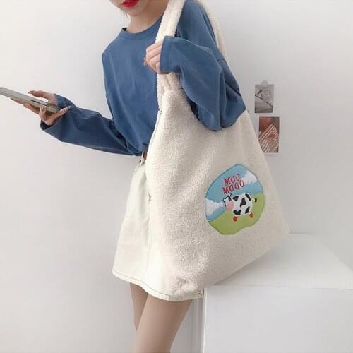 Women Sweet Milk Shoulder Bag Plush Canvas Handbag Tote Large Capacity Embroidery Shopping Bag Cute Book Bags For Girls