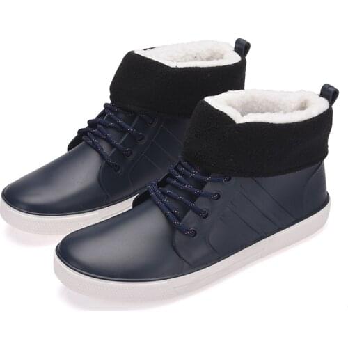 Fashion Mens Short Tube Rainboots Non-slip Thick Winter Rain Boots with Plush Rain Shoes Fishing Overshoe Kitchen Working Shoes