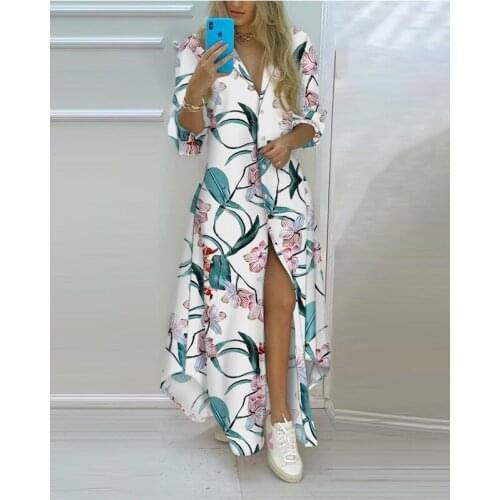 Fashion Sexy Maxi Split Fork Irregular Dress For Summer 2021 New Long Sleeve V-Neck Splice Button Dress Ladies Shirt Dress Women