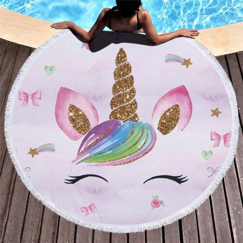 Cartoon Unicorn 150cm Round Beach Towel Wall Tapestry Picnic Blanket Portable Outdoor Sport Storage Bag Bundle Pocket Kids Gift