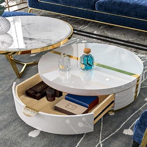 .New post-modern light luxury bright rock slab round coffee table TV cabinet combination marble living room furniture simple