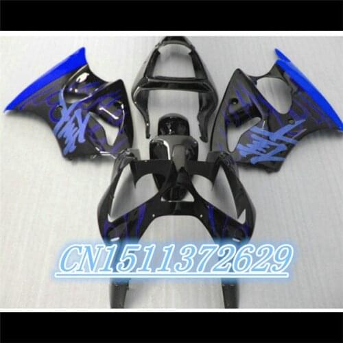 Dor-High quality fairing kit for Kawasaki ZX6R 2000-2002 Ninja 636 ZX-6R blue flames black hot fairings set 00 01 02 D injection