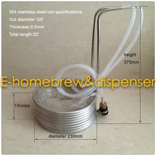 3/8" x 25' Wort Chiller ,Food Grade 304 stainless steel, Wort Cooler With Tap Connector And 2 Meters Hose