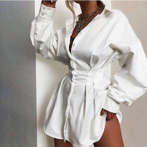 Spring Fall Fashion Womens Solid A-Line Dress Ladies Puff Sleeve Button High Waist Mini Dresses Vestido De Mujer
