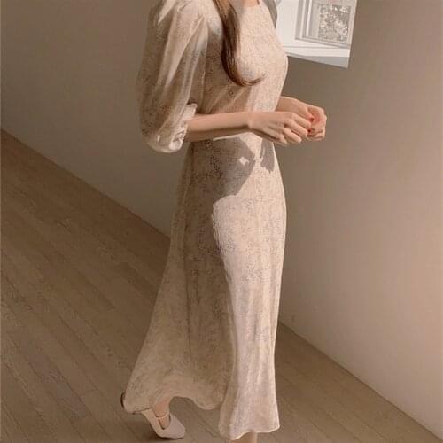 2021 New Women Summer Dresses Casual Square Collar High Waist Half Sleeve Chiffon Print Floral Lace Up Vintage Long Dress DR5365