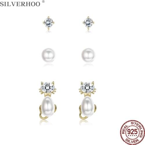 SILVERHOO 100% 925 Sterling Silver Earrings For Women Cute Kitten & Shell Pearl & Round CZ Tiny Stud Earring Sets Luxury Jewelry