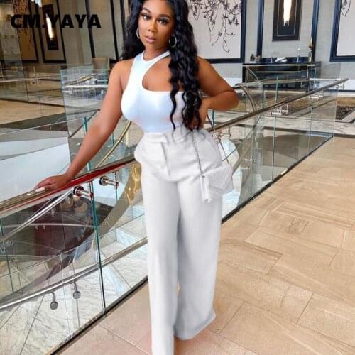 CM.YAYA Women Set Solid Sleeveless Asymmetrical Tops Wide Leg Pants with Pockets Two 2 Piece Sets Fashion Outfit Summer 2021