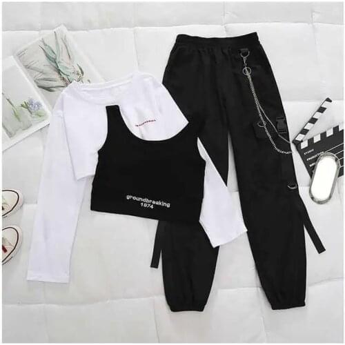 Sports casual suit womens loose Harem Pants high waist slim short long sleeve T-shirt suit vintage punk jersey streetwear