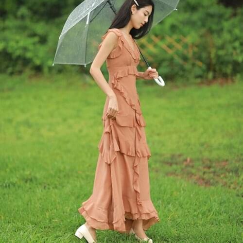 Women Summmer V Neck Chiffon Dress Temperament Ruffles Holiday Dress Female Sexy A Line Party Vestidos