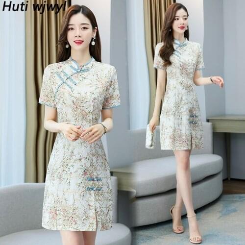 Spring Summer Chiffon Chinese Style Midi Dress Plus Size Vintage Runway Embroidered Dresses Elegant Women Bodycon Party Vestidos