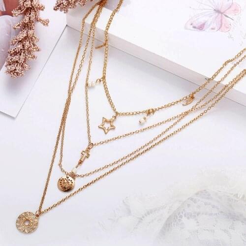New Vintage MultiLevel Necklaces For Women Boho Fashion Gold Openwork Star Cross Sun Round Wings Stone Pendant Necklace Jewelry