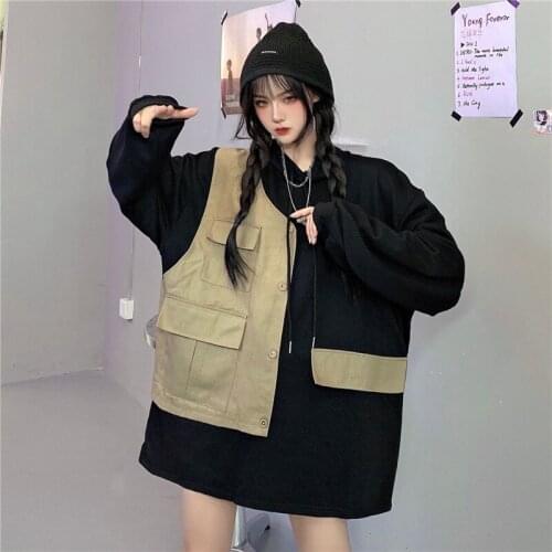 Retro Harajuku style personality fake two-piece vest stitching asymmetrical design sense men and women workwear sweatshirt