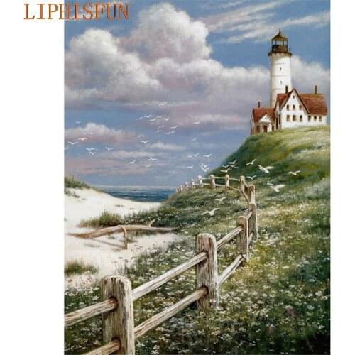 Diamond Painting Cross Stitch Full Square Round Picture of Rhinestone DIY Mosaic Embroidery Lighthouse New Year Gift