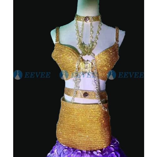 Shining Rhinestone Bikini Outfit Women Sexy Party costumes Bra Shorts Belt collar Bikinis Bling Stage Dance Nightclub Dancewear