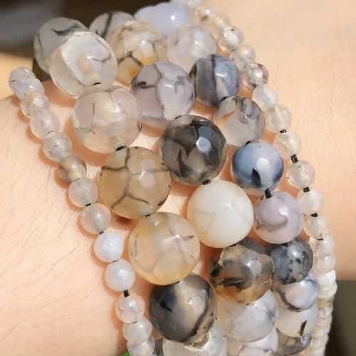6/8/10/12mm Natural Faceted Gray Dragon Stripes Agates Loose Round Beads for Jewelry Making Diy Stone Bracelet 15" Strand
