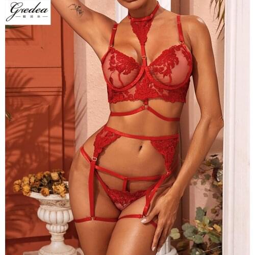Womens Underwear Set Mesh See-Through Lace Embroidered Underwire Bra Halter Garter Belt Thong Sexy Lingerie Four-Piece Suit