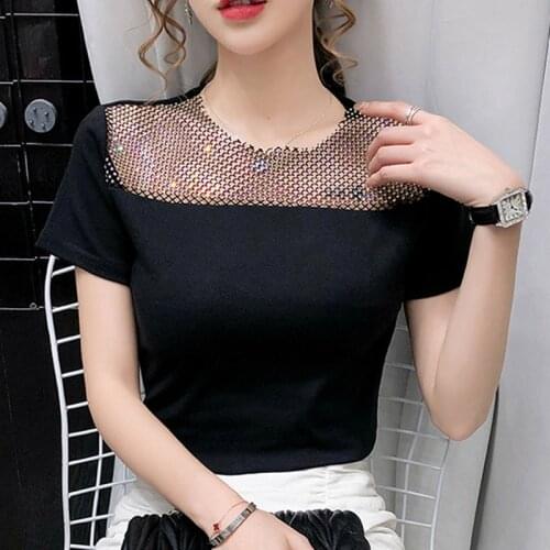 Sequin Short Sleeve T-shirt 2021 Spring and Summer New Sexy Shirt Slim White Tops Ladies Casual Solid Vintage Black Blusas 0141