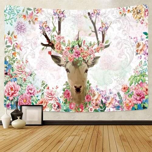 Fairy Tale Elk Tapestry Dreamlike Gradient Wall Hanging Deer with Antler Flower Tapestries for Living Room Bedroom Dorm Decor
