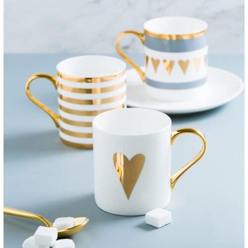 Wourmth Nordic Style Coffee Mugs With Spoon Gold Series High Capacity Porcelain Tea Milk Cups and Mugs Creative Wedding Gift