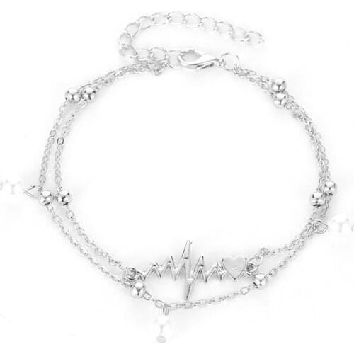 Light Fashion Double Layer Chain Simulated Pearl Electrocardiogram Alloy Anklets For Women Fashion Barefoot Chain Jewelry