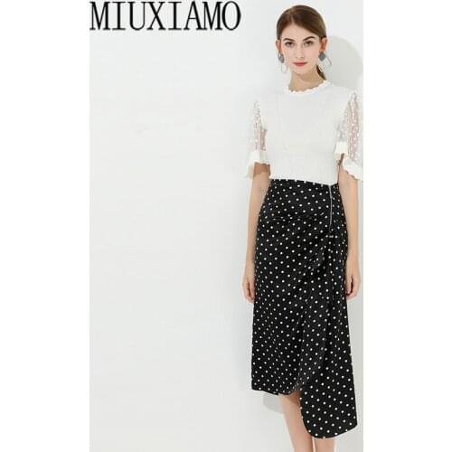 MIUXIMAO High Quality 2020 Summer Dress Newest Europe Fashion Lace Floral Top+ Dot Print Casual Dress Women