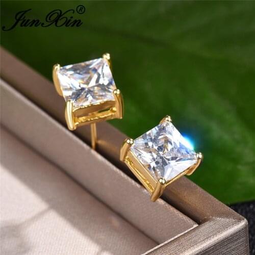 Cute Princess Square Earrings Stacking Bone Earring Yellow Gold White Crystal Zircon Stud Earrings For Women Wedding Ear Studs