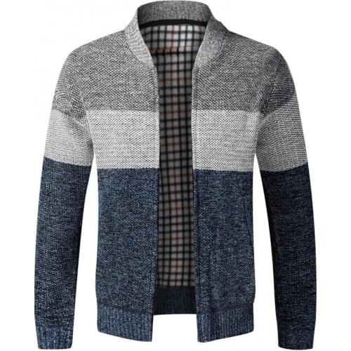 Autumn Winter Men Long Sleeve Stand Collar Coat Color Block Loose Plush Cardigan Warm Casual Fashion Sweater Jacket Men