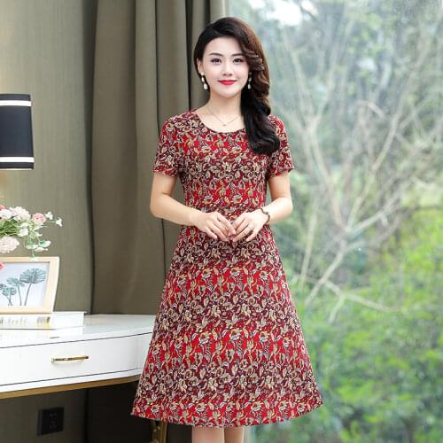 Plus size 5XL New Women Hollow Out Gauze Floral Print mid-age Slim spring long Sleeve A-lin Dress Sexy Female Casual Dresses