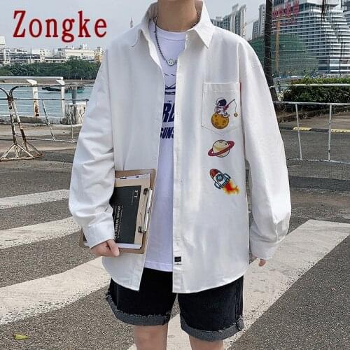 Zongke Casual Shirts For Men Clothing Summer Printed White Shirt Men Shirt Long Sleeve Japanese Fashion Harajuku Tops M-5XL 2021