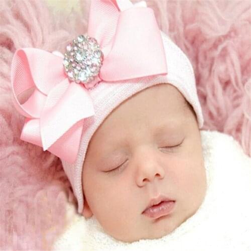 Cute Newborn Baby Girl Boys Soft Bowknot Hats Pink Blue White Winter Warm Stripe Caps Beanie Hats Accessories