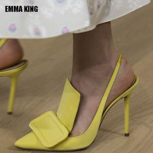 Women Fashion Sandals Summer Yellow Rose Red Black Suede Big Sqaure Buckle Shoes Woman Lady Pointed Toe High heels Pumps 2020