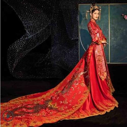 Chinese Traditional Bridal Wedding Hanfu Red Trailing Dress Satin Hand Embroidery Hanfu Queen Cosplay Costume Hanfu For Women