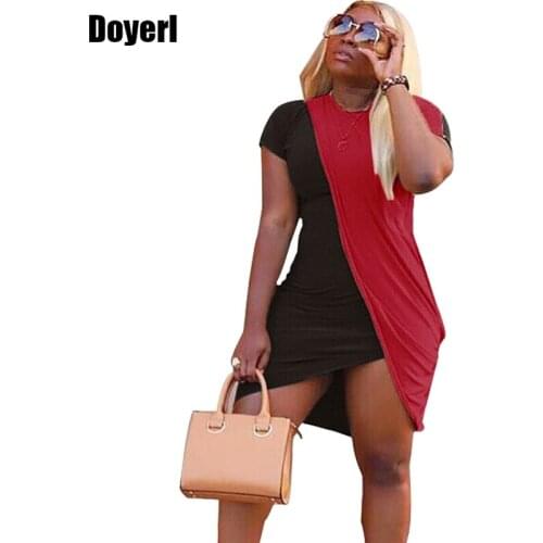 Plus Size Summer 2020 Casual Women Dress Short Sleeve O-neck Color Patchwork Irregular Split Sexy Bodycon Dress T Shirt Dress