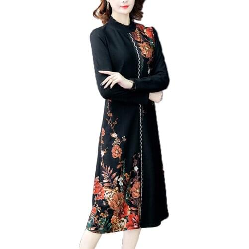 Plus Size 4XL Women Dresses New Autumn Winter Print Mid-long Dress Long Sleeve Spring Women Dress Elegant Vestidos Clothing 338