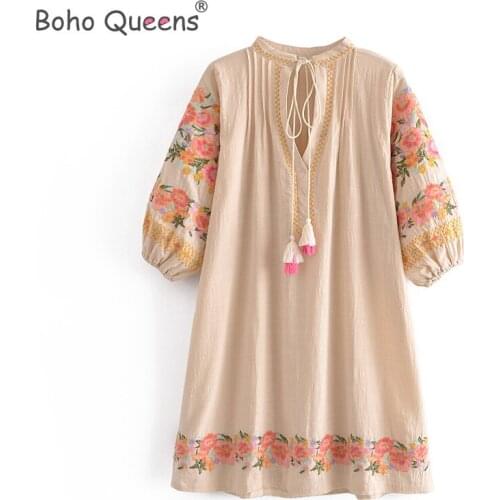 Boho Queens Women floral print half sleeve beach Bohemian happie mini dress Ladies V neck linen cotton tassel dress