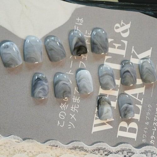 24pcs Temperament Design Nail Tips Manicure Patch Agate Stone False Nail Grandma Gray Full Cover Fake Nails Z141