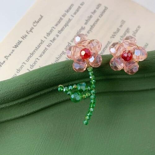 Asymmetric Small Flower Ear Clips Crystal Beaded Flower Clip Earrings No Hole Cute Acrylic Green Leaf Pink Flower Ear Clip