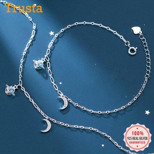 Trustdavis Genuine 925 Sterling Silver Minimalist Charm Universe Moon CZ Bracelet Anklets For Women Wedding Party Jewelry DA1307
