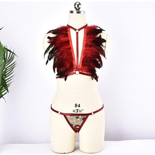 Red Feathers Cage Bralette Fetish Wear Tops Body Bondage Harness Lingerie Sexy Feathers Bra Women Exotic Lace Briefs Panties