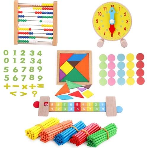 Preschool Baby toy Wooden maty toy set clock abacus Tangram Math ruler baby lerarning Educatioanl Wooden toy tool set for Kids